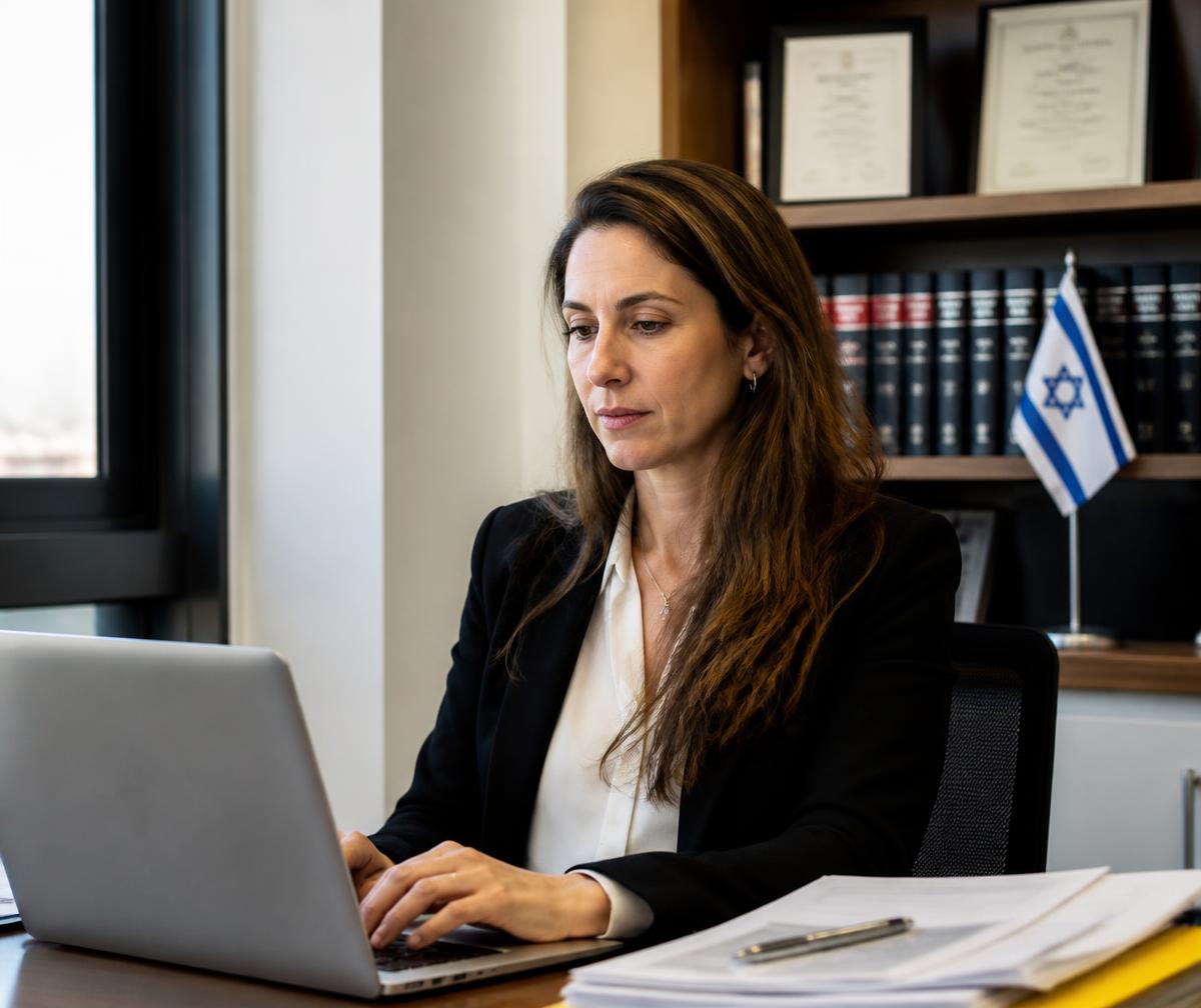 אשת עסקים עובדת במשרד לצד דגל ישראל