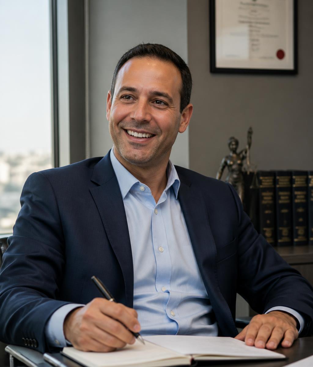 עורך דין מחייך יושב במשרד