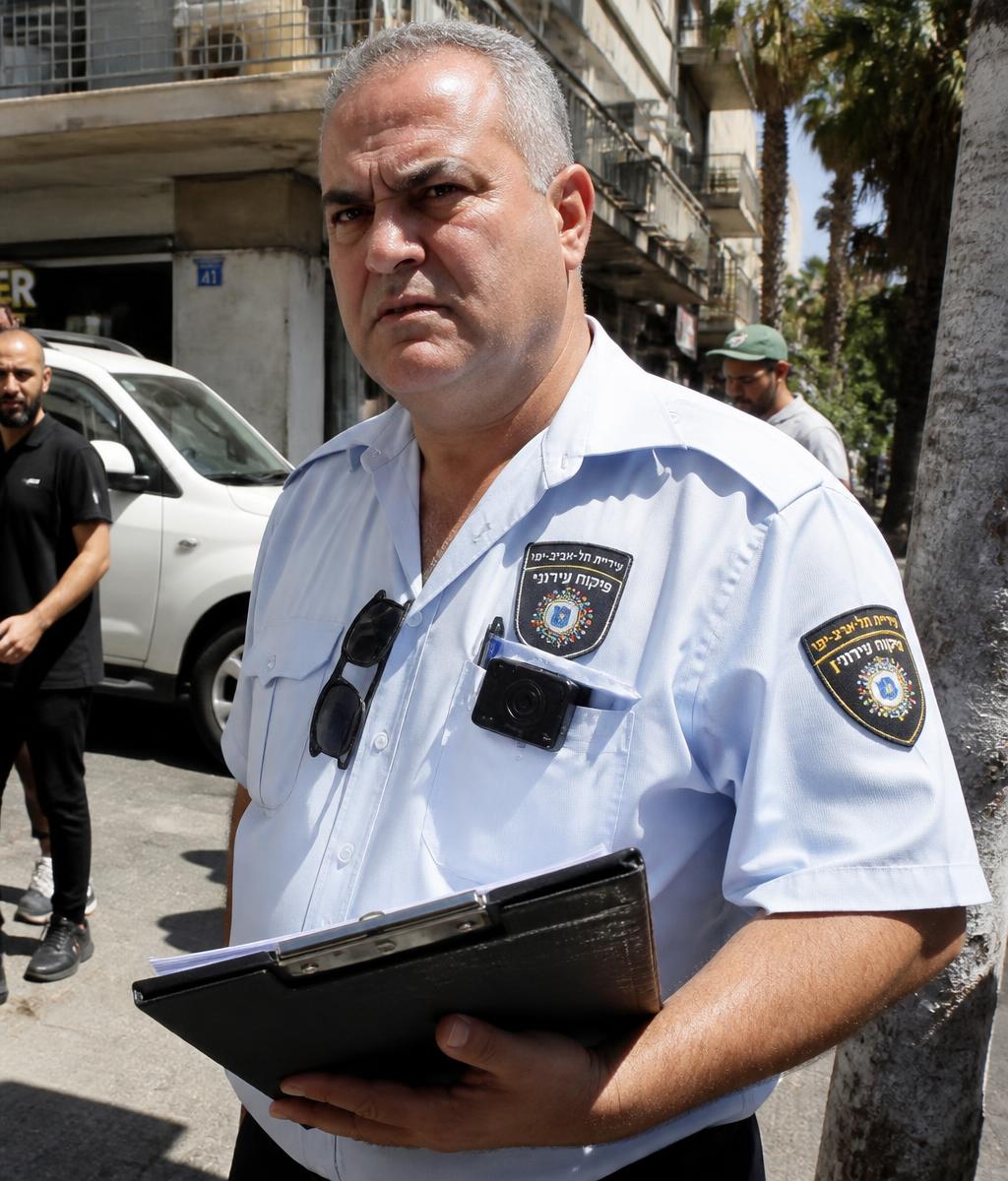פקח עירייה לא נחמד מחזיק לוח כתיבה ברחוב
